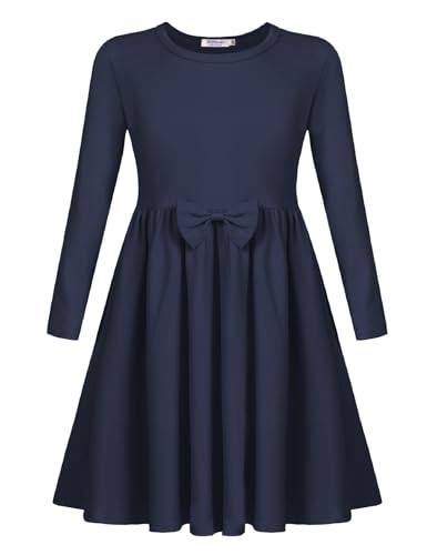 Arshiner Mädchen Kleider Baumwolle Kinder Langarm Kleid mit Fliege Winterkleider Herbstkleid A-Linie Festliches Rundhals Basic Freizeit Kleider für Mädchen 12-13 Jahre 160 Marineblau von Arshiner