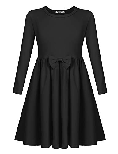 Arshiner Mädchen Kleider Baumwolle Kinder Langarm Kleid mit Fliege Winterkleider Herbstkleid A-Linie Festliches Rundhals Basic Freizeit Kleider für Mädchen 12-13 Jahre 160 Schwarz von Arshiner