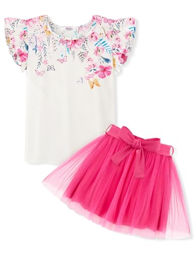 Arshiner Mädchen Kleider Ärmelloses Bekleidungssets Blumenmuster T-shirts mit Tüllrock Set Kinder Outfit Geburtstagskleid Tüll Partykleid Abendkleid Prinzessinnenkleid mit Gürtel 100/4-5 Jahre von Arshiner