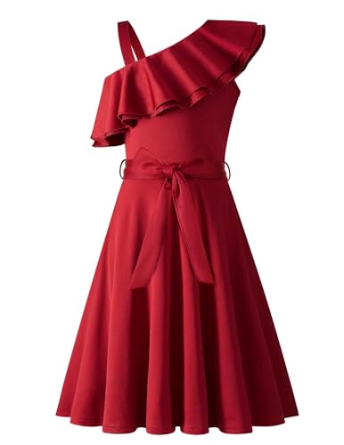 Arshiner Mädchen Kleider Eine-Schulter Kinderkleider Sommer Festliches Kleid Rüschenkragen Elegant Partykleider Swingkleid mit Gürtel ärmelloses Kleid für Mädchen 5-6 Jahre Dunkelrot von Arshiner
