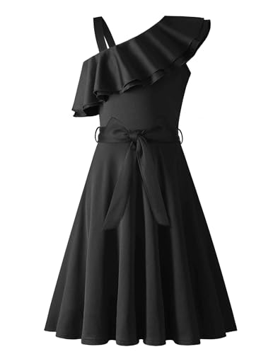 Arshiner Mädchen Kleider Eine-Schulter Kinderkleider Sommer Festliches Kleid Rüschenkragen Elegant Partykleider Swingkleid mit Gürtel ärmelloses Kleid für Mädchen 5-6 Jahre Schwarz von Arshiner