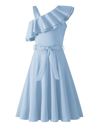 Arshiner Mädchen Kleider Eine-Schulter Kinderkleider Sommer Festliches Kleid Rüschenkragen Elegant Partykleider Swingkleid mit Gürtel ärmelloses Kleid für Mädchen 9-10 Jahre Hellblau von Arshiner