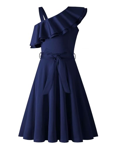 Arshiner Mädchen Kleider Eine-Schulter Kinderkleider Sommer Festliches Kleid Rüschenkragen Elegant Partykleider Swingkleid mit Gürtel ärmelloses Kleid für Mädchen 9-10 Jahre Marineblau von Arshiner