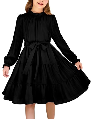 Arshiner Mädchen Kleider Elegant Winter Langarm Swing Festliches Kleid mit Gürtel Kleider für Kinder 11-12 Jahre Schwarz von Arshiner