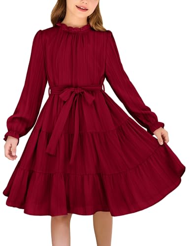 Arshiner Mädchen Kleider Elegant Winter Langarm Swing Festliches Kleid mit Gürtel Kleider für Kinder 9-10 Jahre Rot von Arshiner