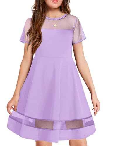 Arshiner Mädchenkleider mit Mesh-Ärmel Kinder Festliche Elegant Sommerkleid Mode Kurzarm Partykleider A-Linie Casual Kleider für Mädchen 11-12 Jahre Lila von Arshiner