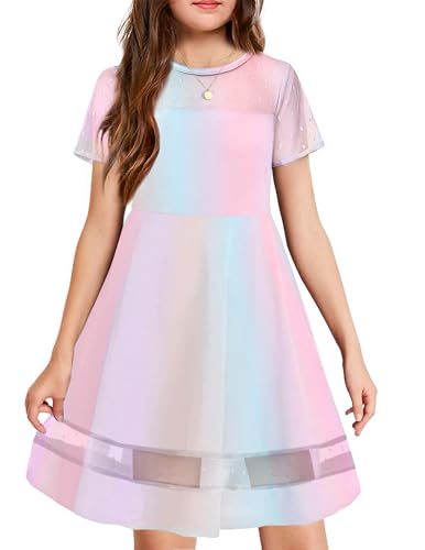 Arshiner Mädchenkleider mit Mesh-Ärmel Kinder Festliche Elegant Sommerkleid Mode Kurzarm Partykleider A-Linie Casual Kleider für Mädchen 11-12 Jahre Regenbogen von Arshiner