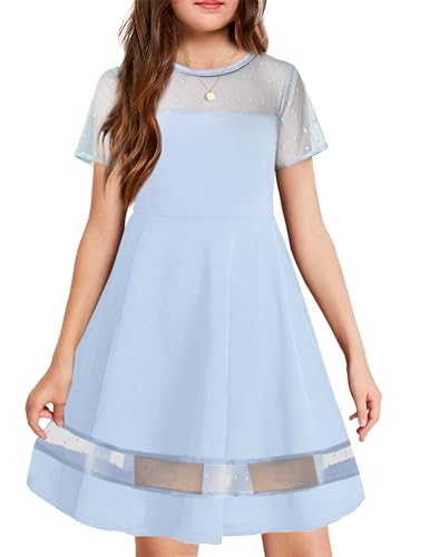 Arshiner Mädchenkleider mit Mesh-Ärmel Kinder Festliche Elegant Sommerkleid Mode Kurzarm Partykleider A-Linie Casual Kleider für Mädchen 7-8 Jahre Hellblau von Arshiner