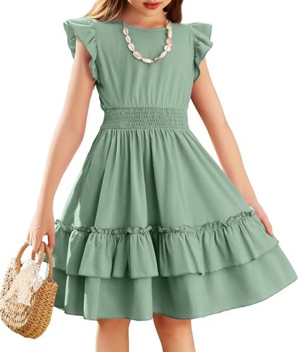 Arshiner Mädchen Kleider Flatterärmel Kinder Sommer Baumwolle Festliche Kleid A-Linie Taille Einschnüren Freizeitkleid Swingkleid Elegant ärmelloses Kleid für Mädchen 11-12 Jahre Hellgrün von Arshiner