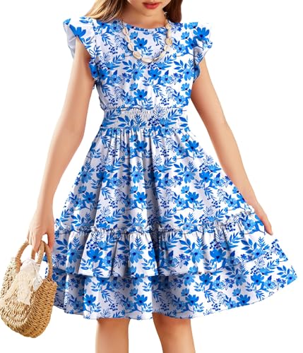 Arshiner Mädchen Kleider Flatterärmel Kinder Sommer Baumwolle Festliche Kleid A-Linie Taille Einschnüren Freizeitkleid Swingkleid Elegant ärmelloses Kleid für Mädchen 5-6 Jahre Blaue Blume von Arshiner