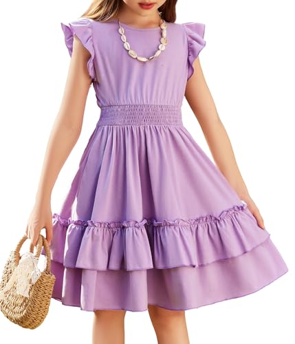 Arshiner Mädchen Kleider Flatterärmel Kinder Sommer Baumwolle Festliche Kleid A-Linie Taille Einschnüren Freizeitkleid Swingkleid Elegant ärmelloses Kleid für Mädchen 7-8 Jahre Lila von Arshiner