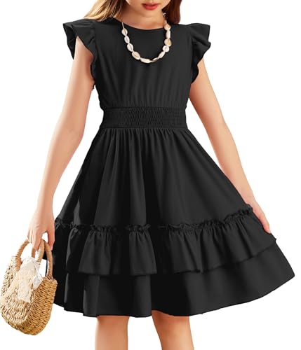 Arshiner Mädchen Kleider Flatterärmel Kinder Sommer Baumwolle Festliche Kleid A-Linie Taille Einschnüren Freizeitkleid Swingkleid Elegant ärmelloses Kleid für Mädchen 7-8 Jahre Schwarz von Arshiner