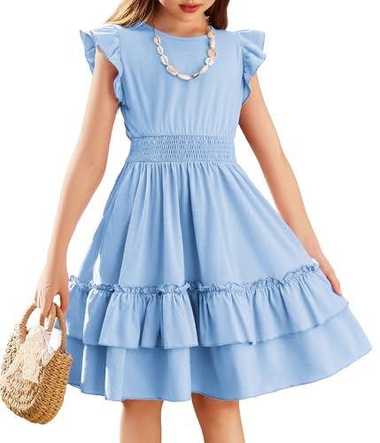 Arshiner Mädchen Kleider Flatterärmel Kinder Sommer Baumwolle Festliche Kleid A-Linie Taille Einschnüren Freizeitkleid Swingkleid Elegant ärmelloses Kleid für Mädchen 9-10 Jahre Hellblau von Arshiner