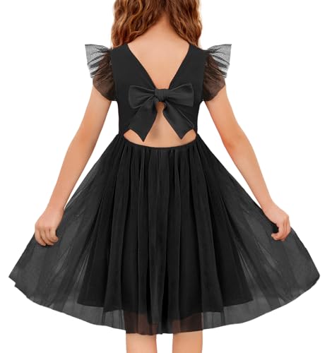 Arshiner Mädchen Kleider Flatterärmel Tüllkleid Kinder Sommerkleid Baumwolle Festliches Rückenfrei Freizeitkleid Elegant Ärmelloses Partykleid für Mädchen 7-8 Jahre Schwarz von Arshiner