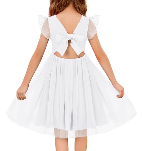 Arshiner Mädchen Kleider Flatterärmel Tüllkleid Kinder Sommerkleid Baumwolle Festliches Rückenfrei Freizeitkleid Elegant Ärmelloses Partykleid für Mädchen 7-8 Jahre Weiß von Arshiner