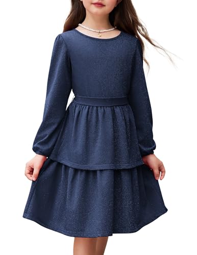 Arshiner Mädchen Kleider Glitzer Kinder Festliche Langarmkleid Elegant Rundhals Partykleid A-Linie Winter Herbst Freizeit Kleid für Mädchen 5-6 Jahre Marineblau von Arshiner