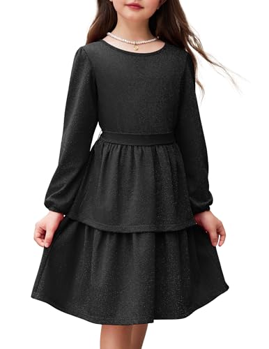 Arshiner Mädchen Kleider Glitzer Kinder Festliche Langarmkleid Elegant Rundhals Partykleid A-Linie Winter Herbst Freizeit Kleid für Mädchen 7-8 Jahre Schwarz von Arshiner