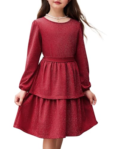 Arshiner Mädchen Kleider Glitzer Kinder Festliche Langarmkleid Elegant Rundhals Partykleid A-Linie Winter Herbst Freizeit Kleid für Mädchen 9-10 Jahre Weinrot von Arshiner