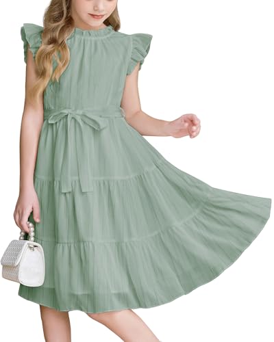 Arshiner Mädchen Kleider Grün Sommerkleid Rüschenärmel Festlichekleid Kinder Osterkleid Midikleid Freizeitkleid Kinder Partykleider Einschulungskleider mit Gürtel 10-11 Jahre von Arshiner