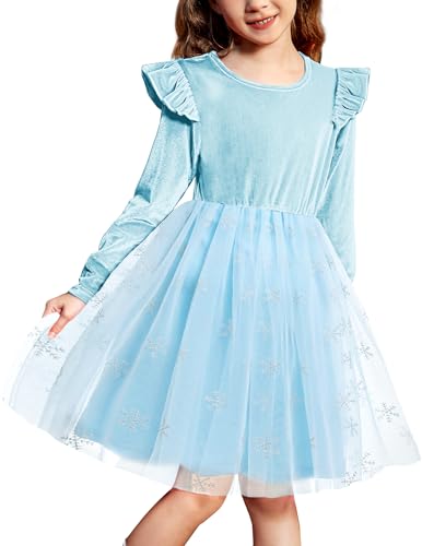 Arshiner Mädchen Kleider Kleinkind Samtkleid Rundhals Tüllkleid Rüschen Langarmkleid Einschulungskleid Kinder Abendkleid Blau Partykleid mit Pailletten 2-3 Jahre von Arshiner