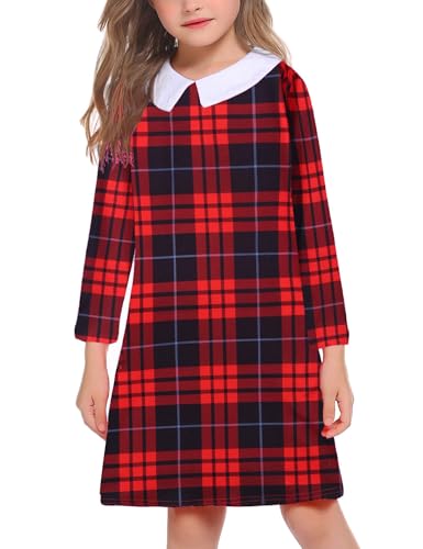 Arshiner Mädchen Kleider Langarm Baumwollkleid Peter Pan Kragen Herbstkleid Kinder Party Kleider Kinderkleid Weihnachtskleid Rotes Kariertes 120/6-7 Jahre von Arshiner