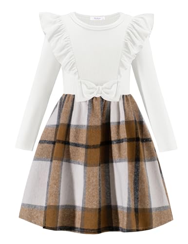 Arshiner Mädchen Kleider Langarm Herbstkleid Kleinkind Kariertes Kleid Rüschenkleid Winter Weißes Kinderkleid Festlicheskleid Partykleid mit Schleife 2-3 Jahre von Arshiner