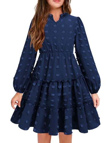 Arshiner Mädchen Kleider Langarm V-Kragen Festlichkleid Einfarbig Chiffonkleid Kinder Volant Freizeitkleid A-Linie Partykleid Swing Skaterkleid Navy Blau 130/9-10 Jahre von Arshiner
