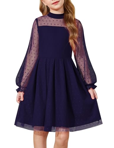 Arshiner Mädchen Kleider Marineblau Laternenärmel Kleid Midikleid Partykleid Rundhals Kinderkleid Elegant Ballkleid Winterkleid Freizeitkleid Mädchenkleidung 8-9 Jahre von Arshiner