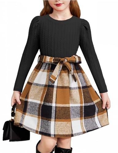 Arshiner Mädchen Kleider Puff Langarm Rippstrick Kariert Patchwork Kleid Kinder Herbst Winter Festlich Freizeitkleid Prinzessinkleid Schwarz/Braun kariert 150 11-12 Jahre von Arshiner