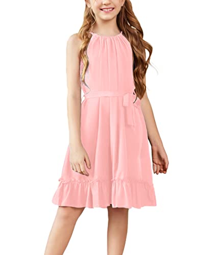 Arshiner Mädchen Kleider Rosa Ärmelloses Sommerkleid Rüschensaum Kinderkleid A-Linie Freizeitkleid Kinder Anmut Partykleider Mode Festlichekleid mit Gürtel 13-14 Jahre von Arshiner