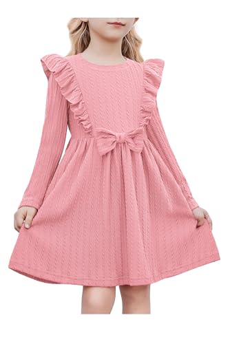 Arshiner Mädchen Kleider Rüschen Ärmel Freizeitkleid Fliege Rippstrick A-Linie Langarmkleid Festliche Herbst Winter Kleid für Kinder 3-4 Jahre Rosa von Arshiner