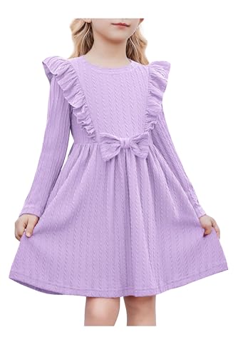 Arshiner Mädchen Kleider Rüschen Ärmel Freizeitkleid Fliege Rippstrick A-Linie Langarmkleid Festliche Herbst Winter Kleid für Kinder 6-7 Jahre Lila von Arshiner