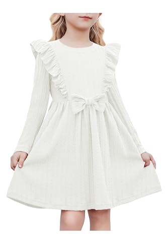 Arshiner Mädchen Kleider Rüschen Ärmel Freizeitkleid Fliege Rippstrick A-Linie Langarmkleid Festliche Herbst Winter Kleid für Kinder 7-8 Jahre Weiß von Arshiner
