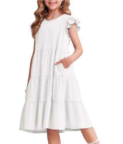 Arshiner Mädchen Kleider Rüschenärmel Sommer Kinder Baumwolle Freizeitkleid Rundhals ärmellos Swing Festliches Kleid für Mädchen 10-11 Jahre Weiß von Arshiner
