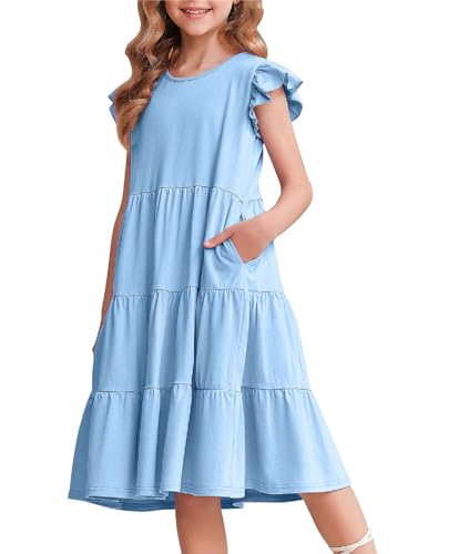 Arshiner Mädchen Kleider Rüschenärmel Sommer Kinder Baumwolle Freizeitkleid Rundhals ärmellos Swing Festliches Kleid für Mädchen 13-14 Jahre von Arshiner