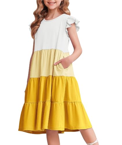 Arshiner Mädchen Kleider Rüschenärmel Sommer Kinder Baumwolle Freizeitkleid Rundhals ärmellos Swing Festliches Kleid für Mädchen 13-14 Jahre von Arshiner