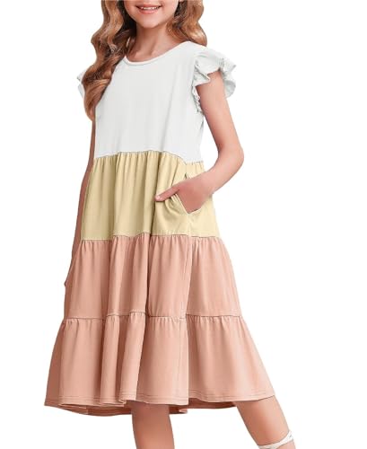 Arshiner Mädchen Kleider Rüschenärmel Sommer Kinder Baumwolle Freizeitkleid Rundhals ärmellos Swing Festliches Kleid für Mädchen 4-5 Jahre von Arshiner