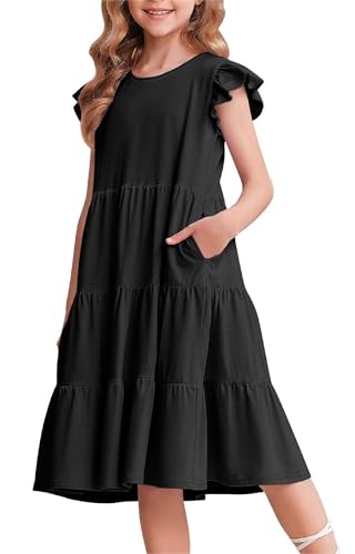 Arshiner Mädchen Kleider Rüschenärmel Sommer Kinder Baumwolle Freizeitkleid Rundhals ärmellos Swing Festliches Kleid für Mädchen 8-9 Jahre Schwarz von Arshiner
