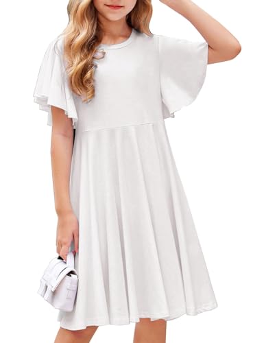Arshiner Weiße Kleider für Mädchen Schmetterlingsärmel Kleid Kinder A-Line Swing Kleid Rundhals Sommerkleid Baumwollekleid Festlich Partykleid Lässige Kinderklei mit Tasche 140/8-9 Jahre von Arshiner