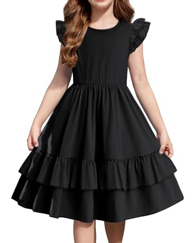 Arshiner Mädchen Kleider Schmetterlingsärmel Kinder Sommer Festliche Kinderkleid Rundhals A Linie Baumwolle Freizeitkleid Swingkleid Lässig Kleider für Mädchen 11-12 Jahre Schwarz 14 von Arshiner