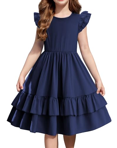 Arshiner Mädchen Kleider Schmetterlingsärmel Kinder Sommer Festliche Kinderkleid Rundhals A Linie Baumwolle Freizeitkleid Swingkleid Lässig Kleider für Mädchen 7-8 Jahre Marineblau 8 von Arshiner