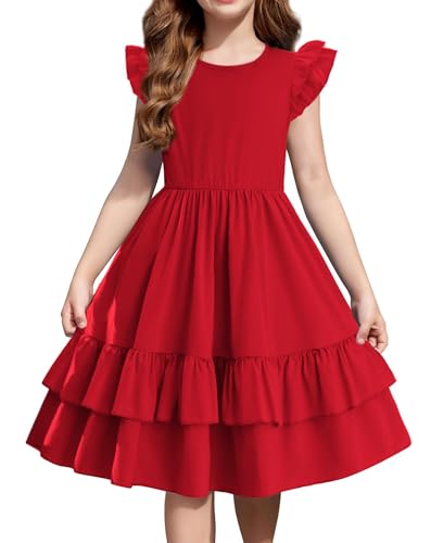 Arshiner Mädchen Kleider Schmetterlingsärmel Kinder Sommer Festliche Kinderkleid Rundhals A Linie Baumwolle Freizeitkleid Swingkleid Lässig Kleider für Mädchen 7-8 Jahre Rot 8 von Arshiner
