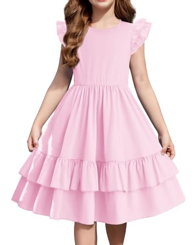 Arshiner Mädchen Kleider Schmetterlingsärmel Kinder Sommer Festliche Kleider Rundhals A Linie Baumwolle Freizeitkleid Swingkleid Lässig Kleid für Mädchen 5-6 Jahre Pink von Arshiner
