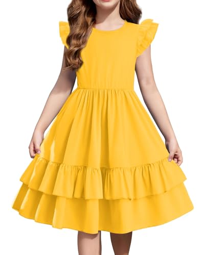 Arshiner Mädchen Kleider Schmetterlingsärmel Kinder Sommer Festliche Kleider Rundhals A Linie Baumwolle Freizeitkleid Swingkleid Lässig Kleid für Mädchen 7-8 Jahre Gelb von Arshiner