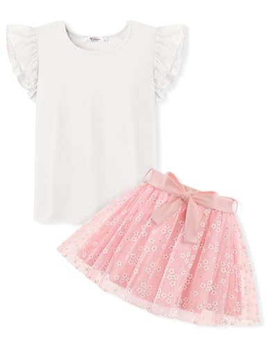 Arshiner Mädche Sommer Kleid Kleidungsset Fliegenden Ärmeln Weiß T-Shirt mit Rosa Rock Zweiteiliges Kinder Bekleidungssets Tüll Kinderkleid Party Kleidung Festlicheskleid mit Gürtel 130/7-8 Jahre von Arshiner
