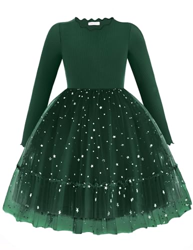Arshiner Mädchen Kleider Tüll Glitzer Langarmkleid Kinder Faltenkragen A-Linie Partykleid Festliche Herbst Winter Freizeitkleid für Mädchen 3-4 Jahre Grün von Arshiner