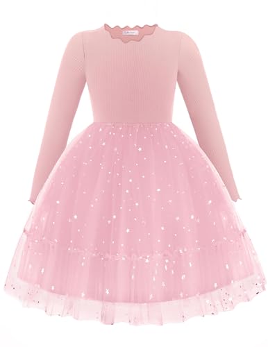 Arshiner Mädchen Kleider Tüll Glitzer Langarmkleid Kinder Faltenkragen A-Linie Partykleid Festliche Herbst Winter Freizeitkleid für Mädchen 4-5 Jahre Rosa von Arshiner