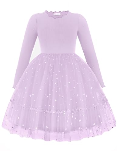 Arshiner Mädchen Kleider Tüll Glitzer Langarmkleid Kinder Faltenkragen A-Linie Partykleid Festliche Herbst Winter Freizeitkleid für Mädchen 4-5 Jahre Violett von Arshiner