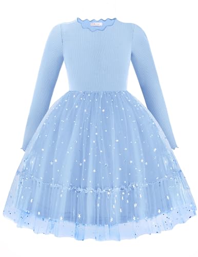 Arshiner Mädchen Kleider Tüll Glitzer Langarmkleid Kinder Faltenkragen A-Linie Partykleid Festliche Herbst Winter Freizeitkleid für Mädchen 6-7 Jahre Blau von Arshiner