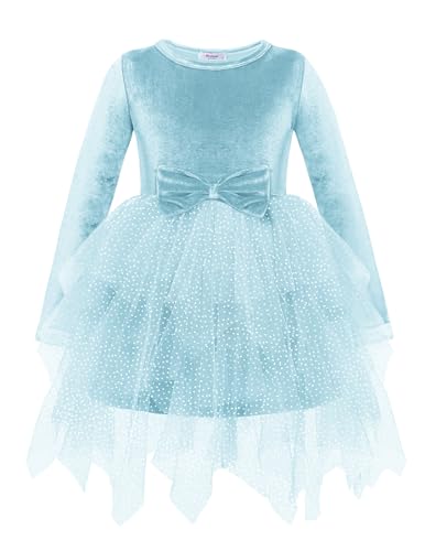 Arshiner Mädchen Kleider Tüll Quasten Langarmkleid Kinder Festliche Elegant Samtkleid Fliege A-Linie Partykleid Mode Freizeitkleid Herbst Winter Kleid für Mädchen 6-7 Jahre Hellblau von Arshiner